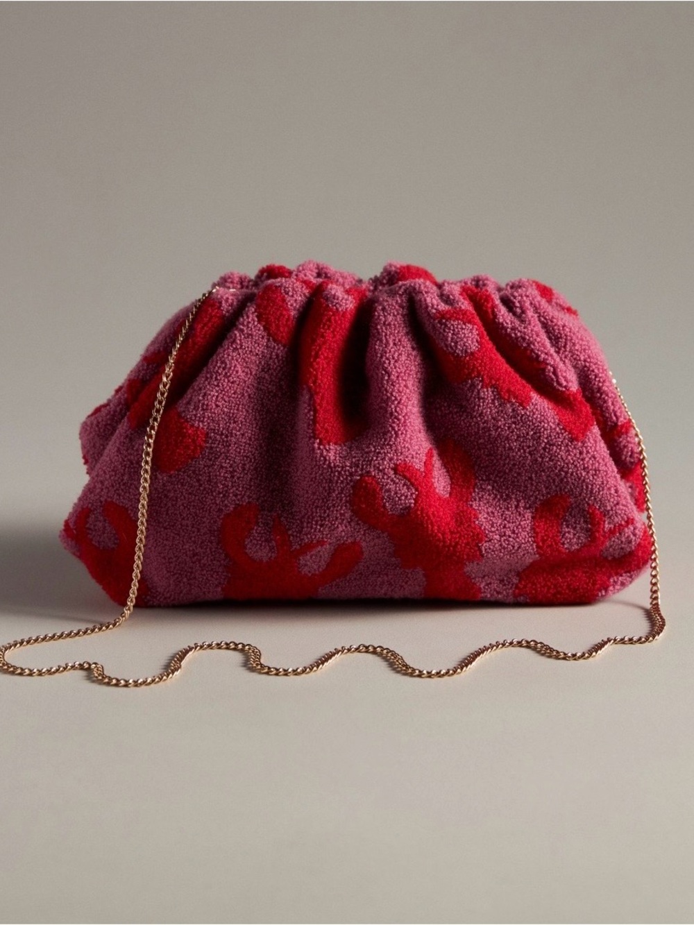 Anthropologie Pink and Red Textured Gathered Clutch with Gold Chain
